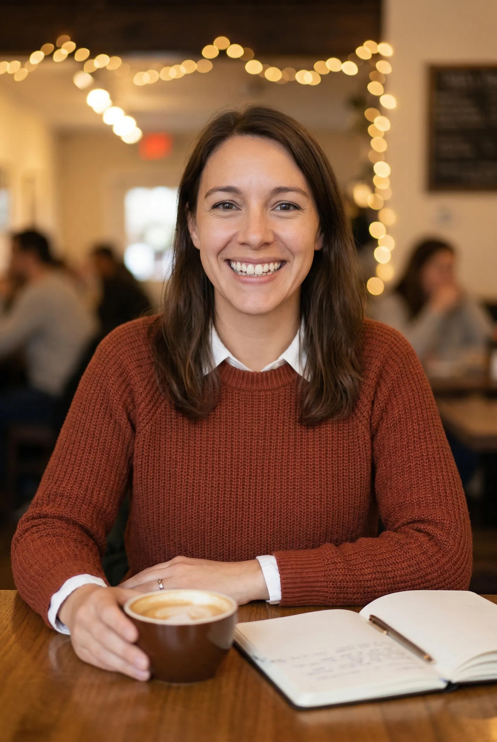 AI outfit generator example with the same woman in a rust sweater at a coffee shop