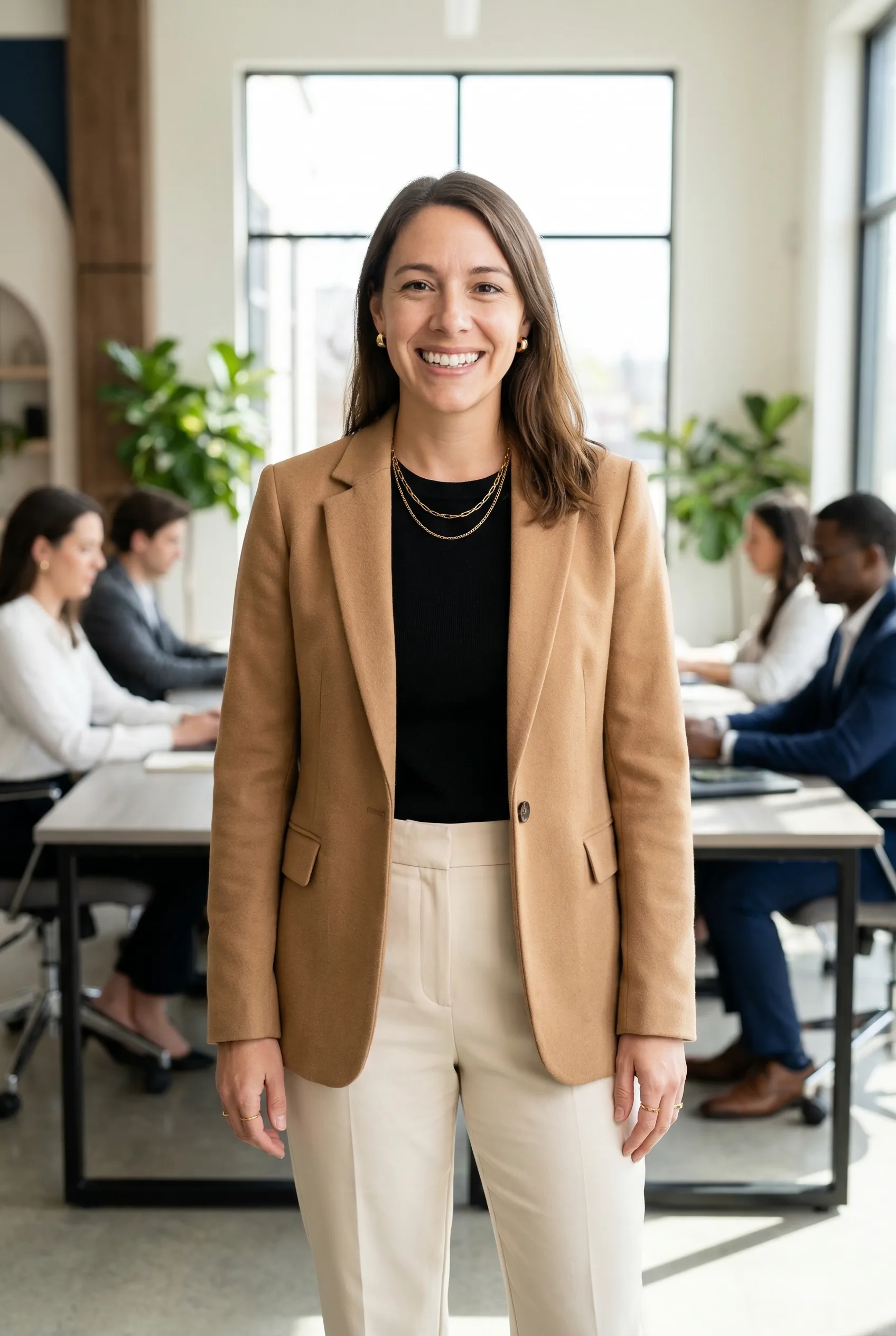 Same woman wearing a camel blazer and cream trousers in a premium coworking setting