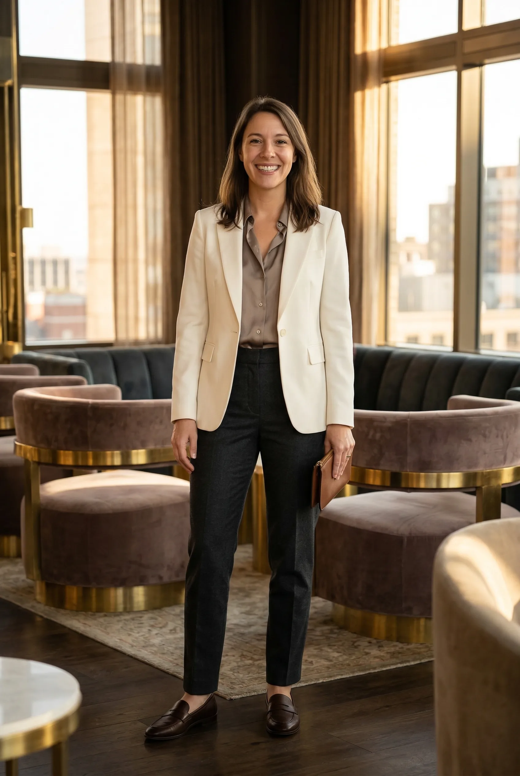 Same woman wearing an ivory blazer and dark tailored trousers in a boutique lounge